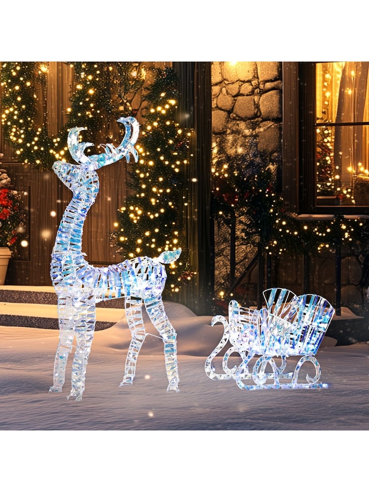 Outsunny Silver Tone Lighted Christmas Reindeer with Sleigh - Image 2 of 6