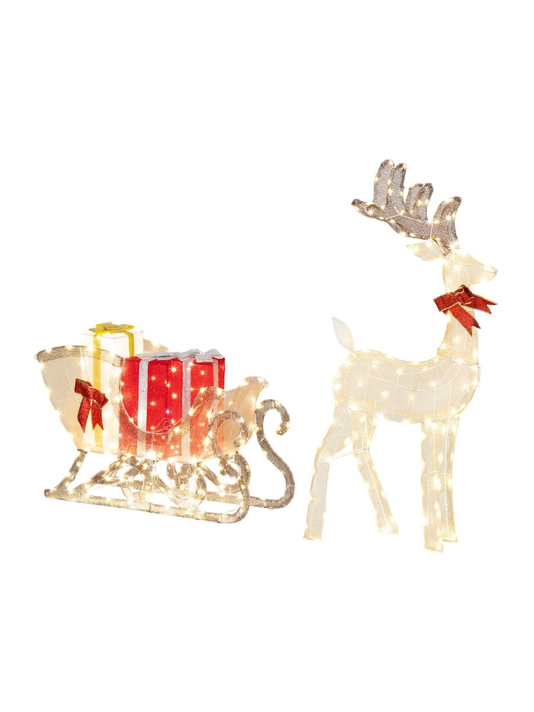 Outsunny Yellow Lighted Christmas Reindeer with Sleigh and Boxes - Image 1 of 8 Outsunny Yellow Lighted Christmas Reindeer with Sleigh and Boxes - Image 1 of 8
