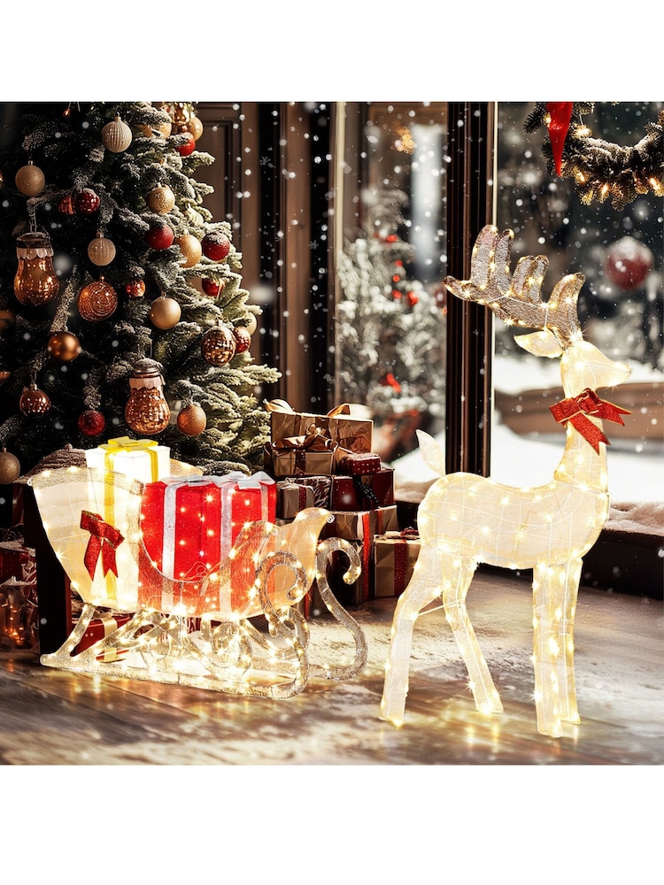 Outsunny Yellow Lighted Christmas Reindeer with Sleigh and Boxes - Image 2 of 8 Outsunny Yellow Lighted Christmas Reindeer with Sleigh and Boxes - Image 2 of 8