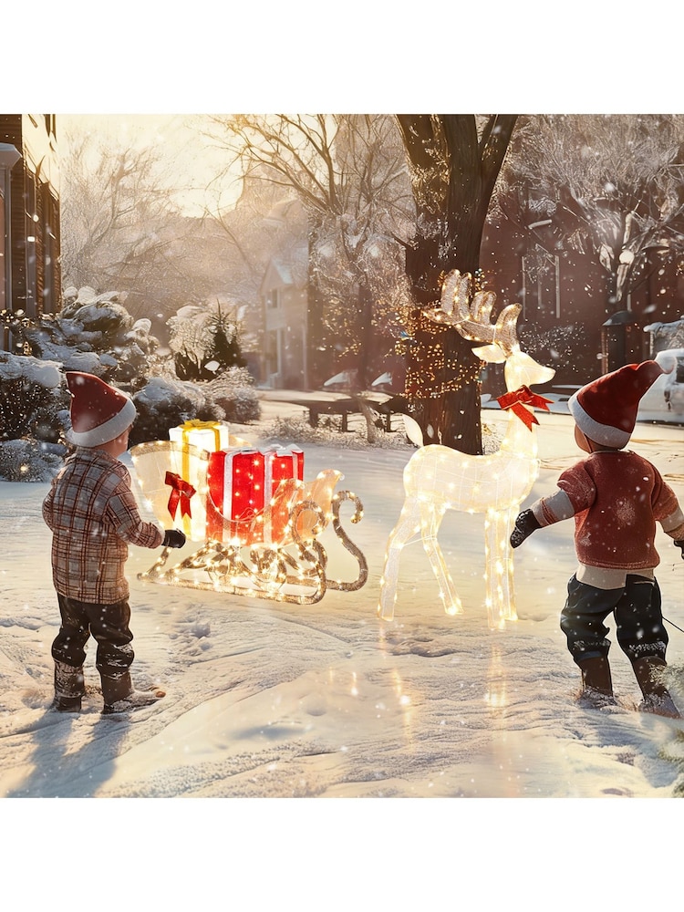 Outsunny Yellow Lighted Christmas Reindeer with Sleigh and Boxes - Image 8 of 8 Outsunny Yellow Lighted Christmas Reindeer with Sleigh and Boxes - Image 8 of 8