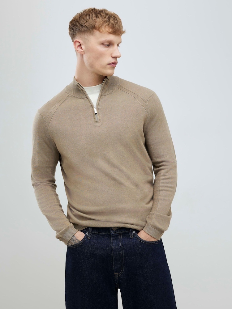 River Island Natural Slim Fit Viscose Half Zip Jumper - Image 1 of 4 River Island Natural Slim Fit Viscose Half Zip Jumper - Image 1 of 4