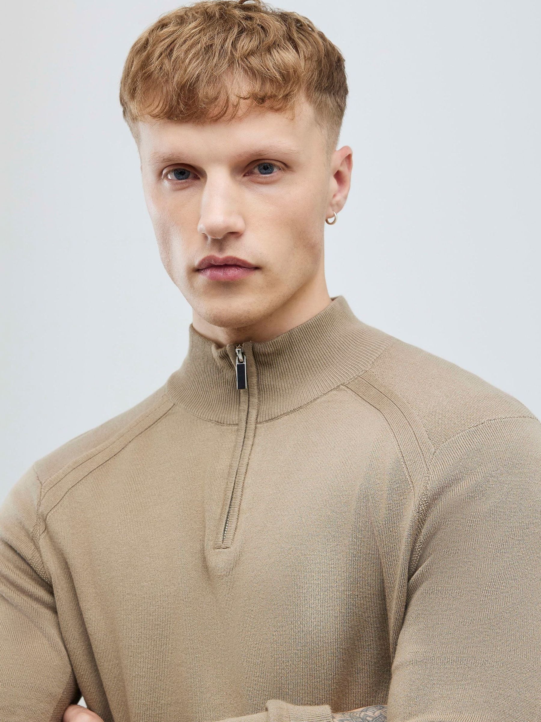 Buy River Island Natural Slim Fit Premium Viscose Quarter Zip