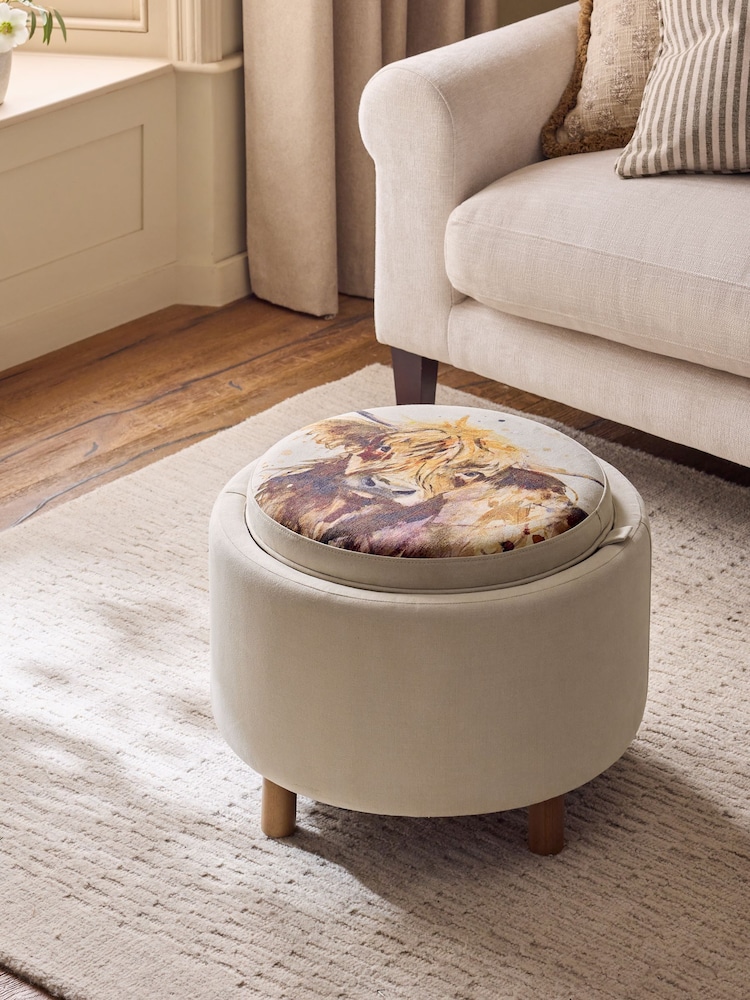 Tailored Linen Look Natural Hamish Print Ashton Upholstered Storage Stool - Image 1 of 10