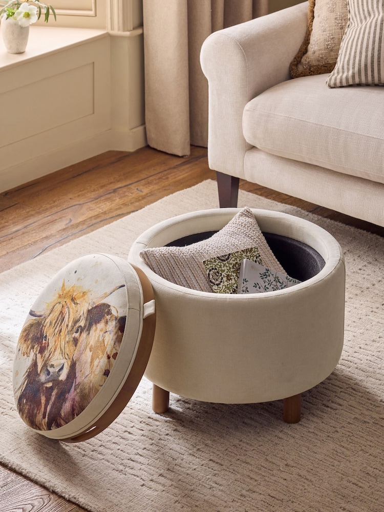 Tailored Linen Look Natural Hamish Print Ashton Upholstered Storage Stool - Image 2 of 10