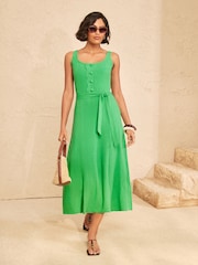 Love & Roses Bright Green Petite Linen Look Scallop Detail Strappy Midi Dress - Image 3 of 4