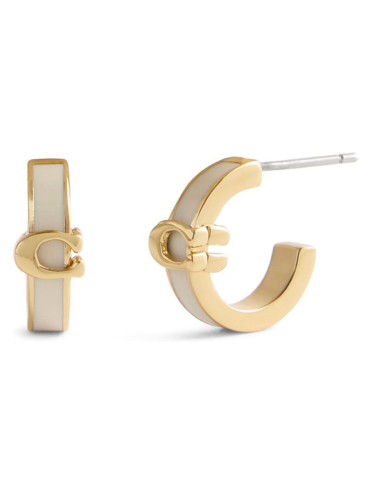 COACH Cream Signature C Enamel Huggie Earrings - Image 1 of 3