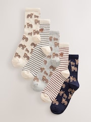 Navy/Oatmeal Hamish The Highland Cow Ankle Socks 5 Pack - Image 1 of 8