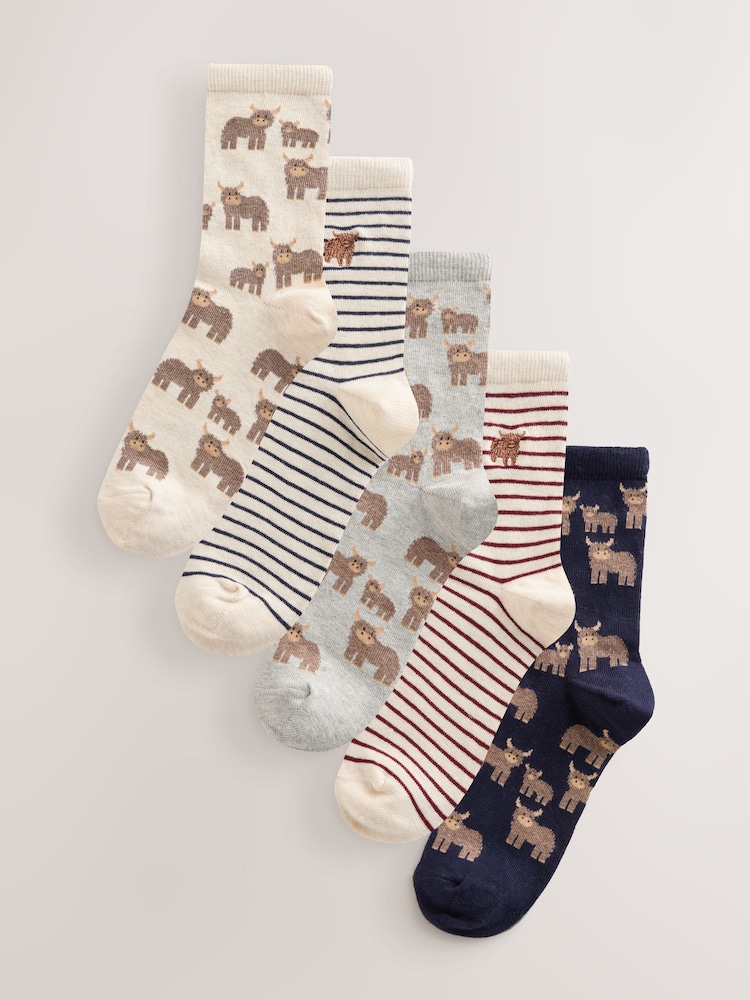 Navy/Oatmeal Hamish The Highland Cow Ankle Socks 5 Pack - Image 1 of 8 Navy/Oatmeal Hamish The Highland Cow Ankle Socks 5 Pack - Image 1 of 8
