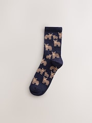 Navy/Oatmeal Hamish The Highland Cow Ankle Socks 5 Pack - Image 2 of 8