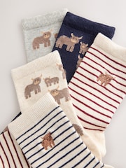 Navy/Oatmeal Hamish The Highland Cow Ankle Socks 5 Pack - Image 7 of 8