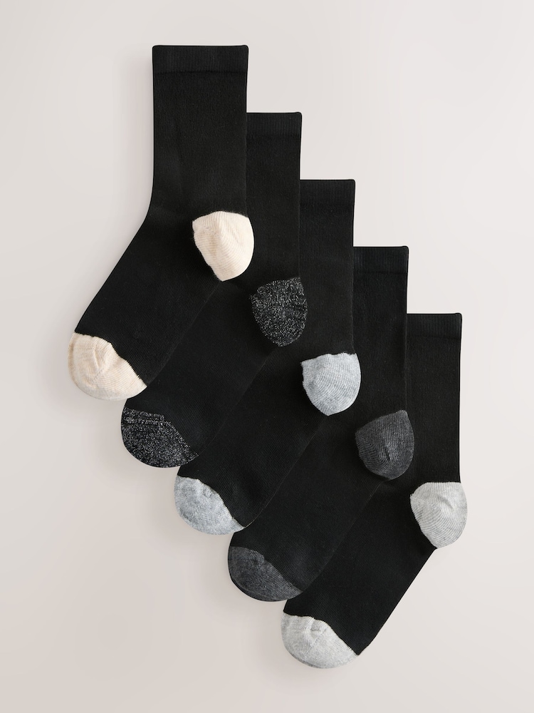 Black/Grey Sparkle Heel & Toe Detail Ankle Socks 5 Pack - Image 1 of 7
