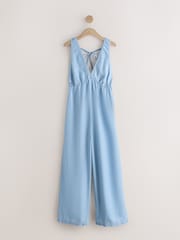 Blue Tencel V Neck Wide Leg Jumpsuit - Image 1 of 3