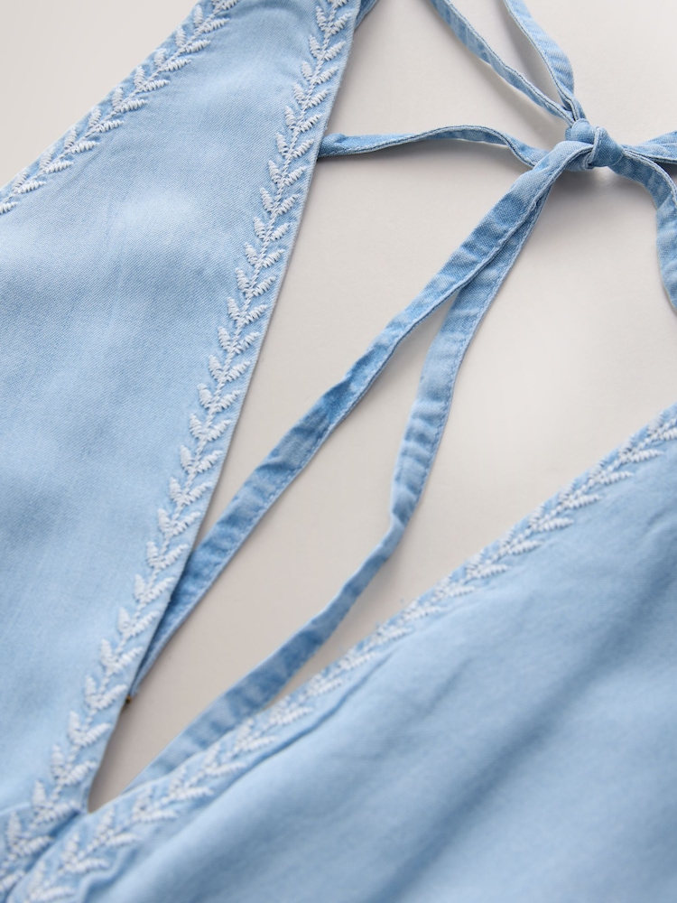 Blue Tencel V Neck Wide Leg Jumpsuit - Image 2 of 3