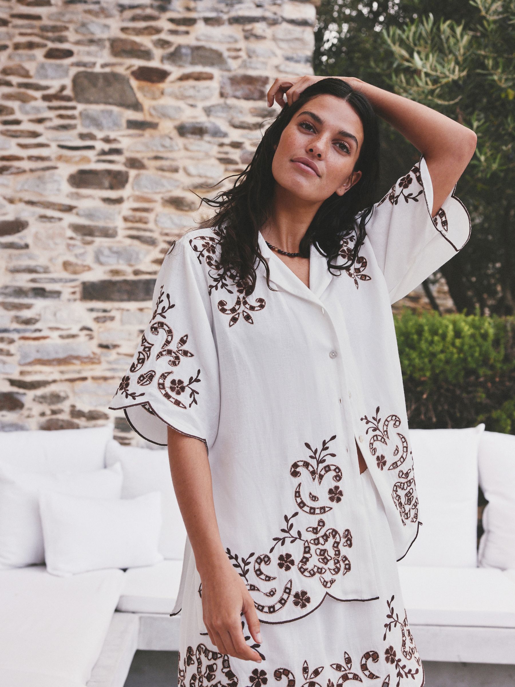Buy White/Chocolate Brown Broderie Short Sleeve Shirt from Next
