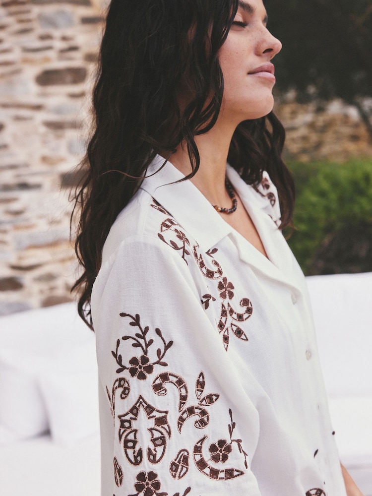 White/Chocolate Brown Broderie Short Sleeve Shirt - Image 6 of 6 White/Chocolate Brown Broderie Short Sleeve Shirt - Image 6 of 6