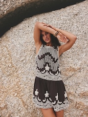 Chocolate Brown Embroidered Tapework Mini Dress - Image 1 of 9