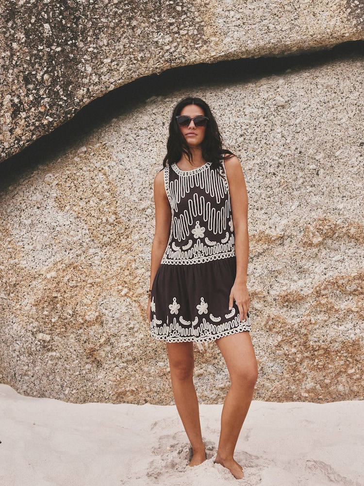 Chocolate Brown Embroidered Tapework Mini Dress - Image 2 of 9