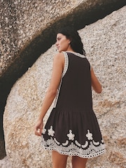 Chocolate Brown Embroidered Tapework Mini Dress - Image 4 of 9