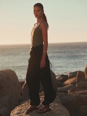 Black Tassel Scarf Belted Balloon Leg Trousers - Image 1 of 9