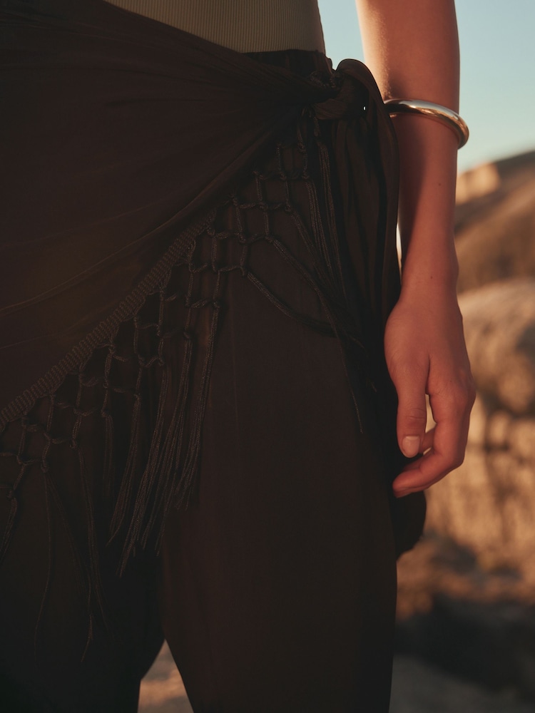 Black Tassel Scarf Belted Balloon Leg Trousers - Image 9 of 9