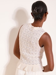 Lipsy Ivory White V-Neck Stitchy Pointelle Frill Knit Waistcoat - Image 4 of 4