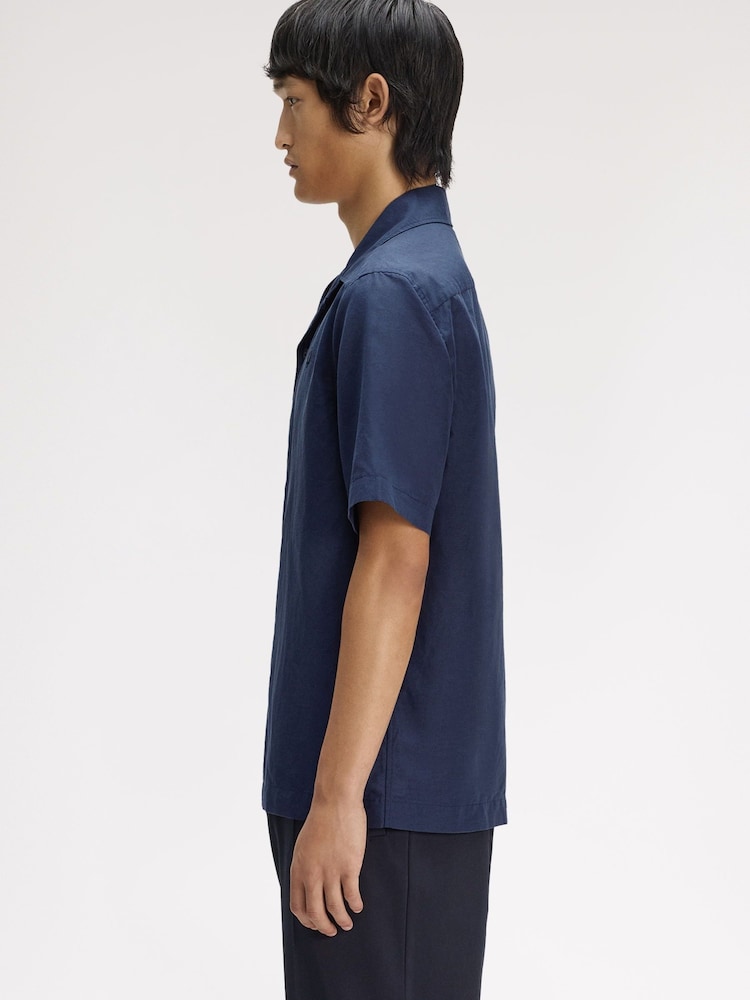 Fred Perry Blue Linen Blend Revere Collar Shirt - Image 2 of 5