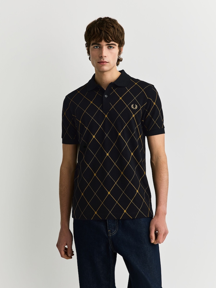 Fred Perry Black Argyle Print Polo Shirt - Image 1 of 8 Fred Perry Black Argyle Print Polo Shirt - Image 1 of 8