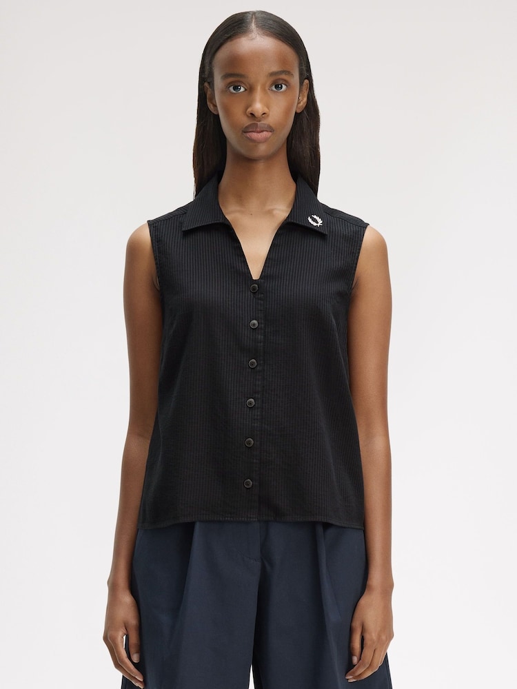Fred Perry Black Sheer Stripe Sleeveless Shirt - Image 1 of 5 Fred Perry Black Sheer Stripe Sleeveless Shirt - Image 1 of 5
