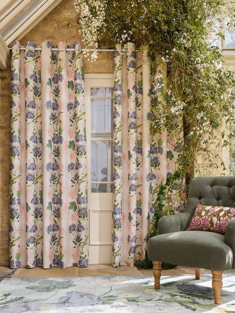 Natural Kew Collection Floral Touch of Linen Eyelet Lined Curtains - Image 2 of 6