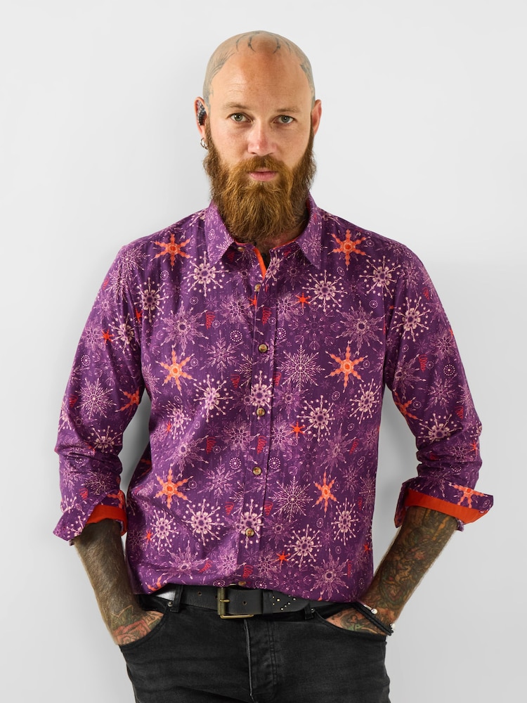 Joe Browns Purple Snowflake Print Long Sleeve Shirt - Image 1 of 5 Joe Browns Purple Snowflake Print Long Sleeve Shirt - Image 1 of 5
