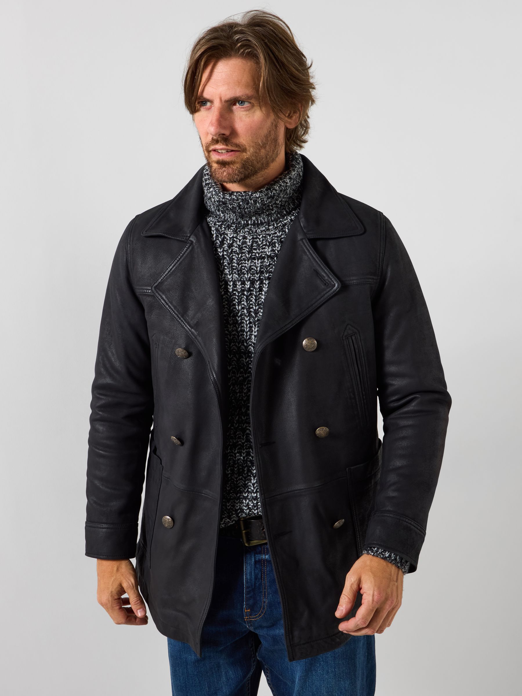 Buy Joe Browns Black Nubuck Double Breasted Leather Coat from the