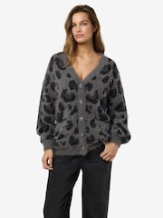 NOISY MAY Grey Leopard Jacquard Knitted Cardigan - Image 1 of 4