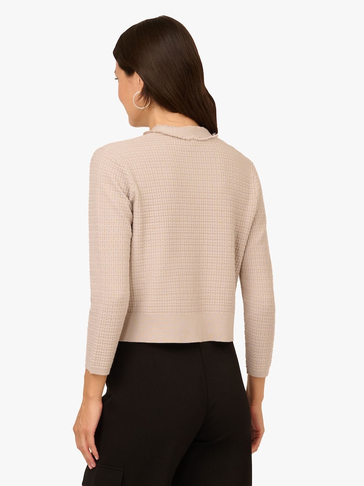 Adrianna Papell Natural Knit Frayed Waffle Crop Cardigan Sweater With Gold Buttons - Image 2 of 7 Adrianna Papell Natural Knit Frayed Waffle Crop Cardigan Sweater With Gold Buttons - Image 2 of 7