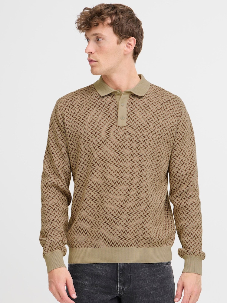Blend Brown Geometric Knitted Polo Shirt - Image 1 of 5 Blend Brown Geometric Knitted Polo Shirt - Image 1 of 5