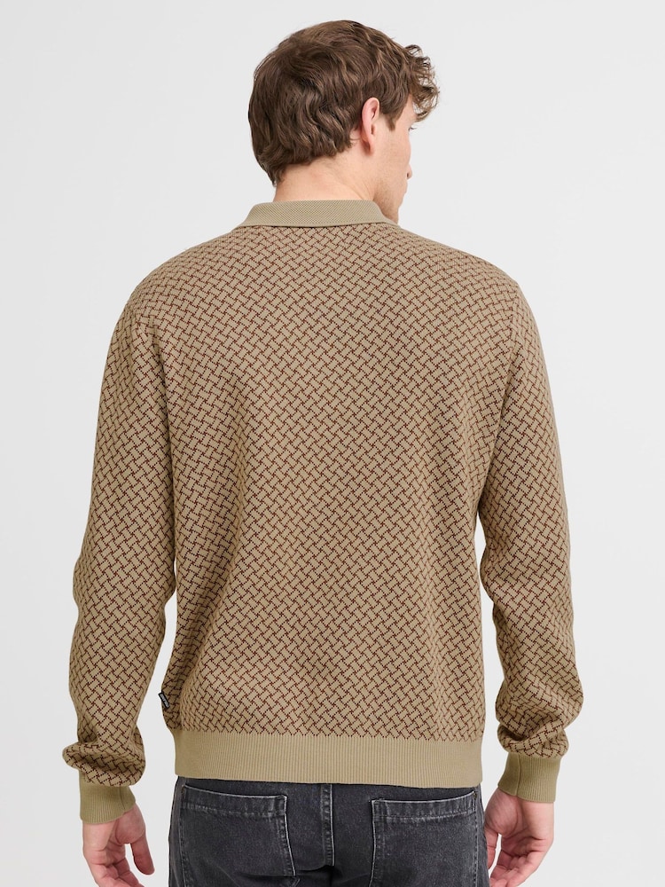 Blend Brown Geometric Knitted Polo Shirt - Image 2 of 5 Blend Brown Geometric Knitted Polo Shirt - Image 2 of 5