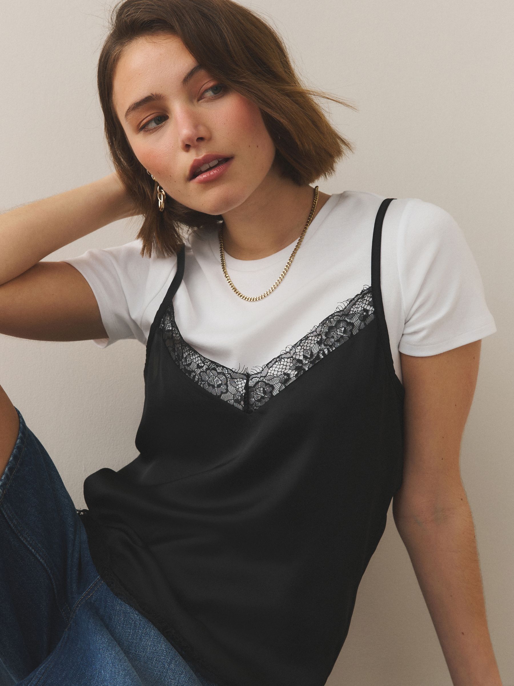 Buy Black Lace Trim Cami Layer Short Sleeve T-Shirt from Next USA