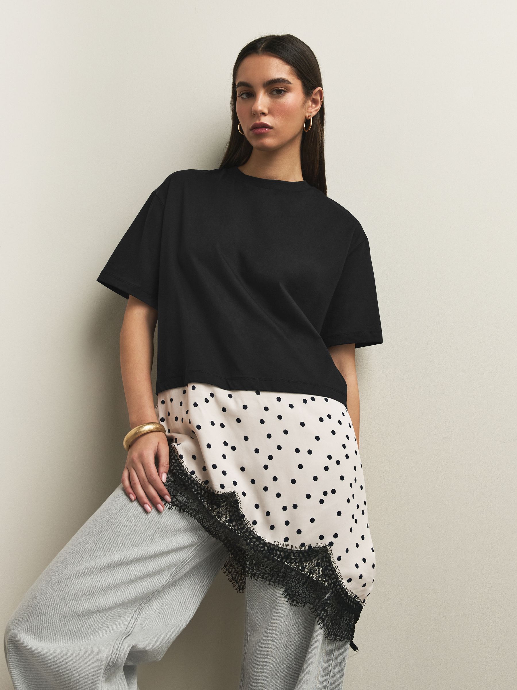 Buy Black Polka Dot Satin Lace Trim Short Sleeve T-Shirt from Next USA