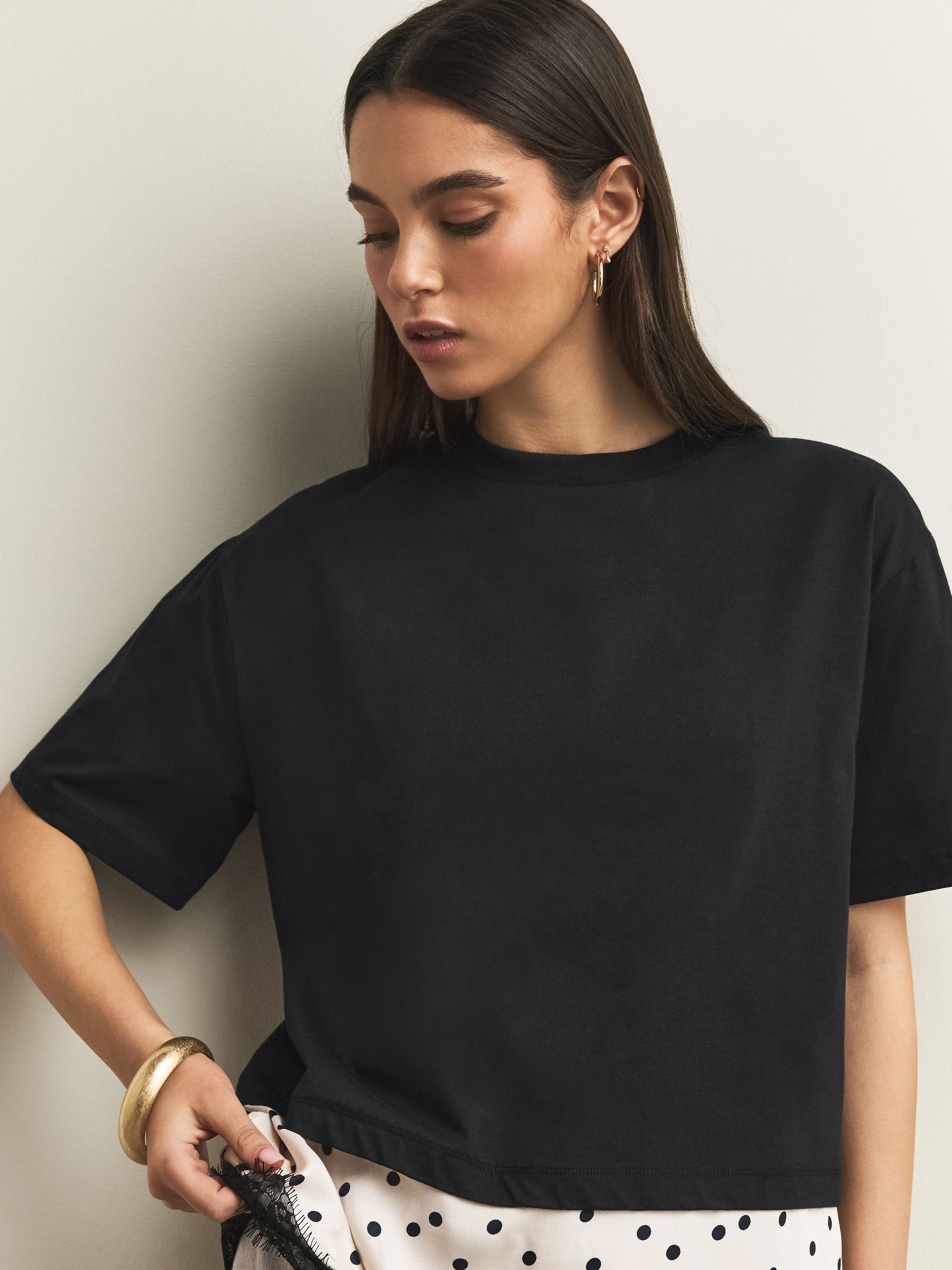 Buy Black Polka Dot Satin Lace Trim Short Sleeve T-Shirt from the