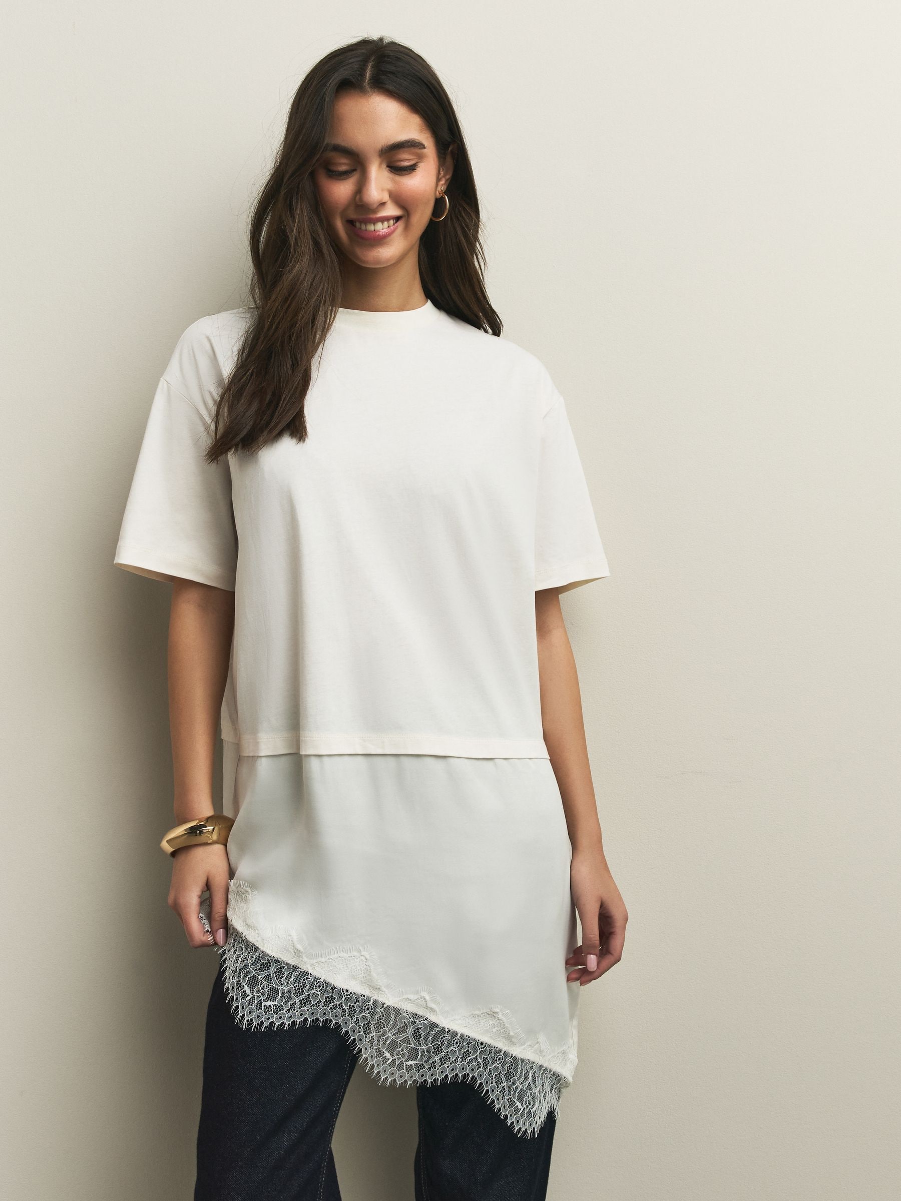 Buy Ecru Satin Lace Trim Short Sleeve T-Shirt from Next Canada