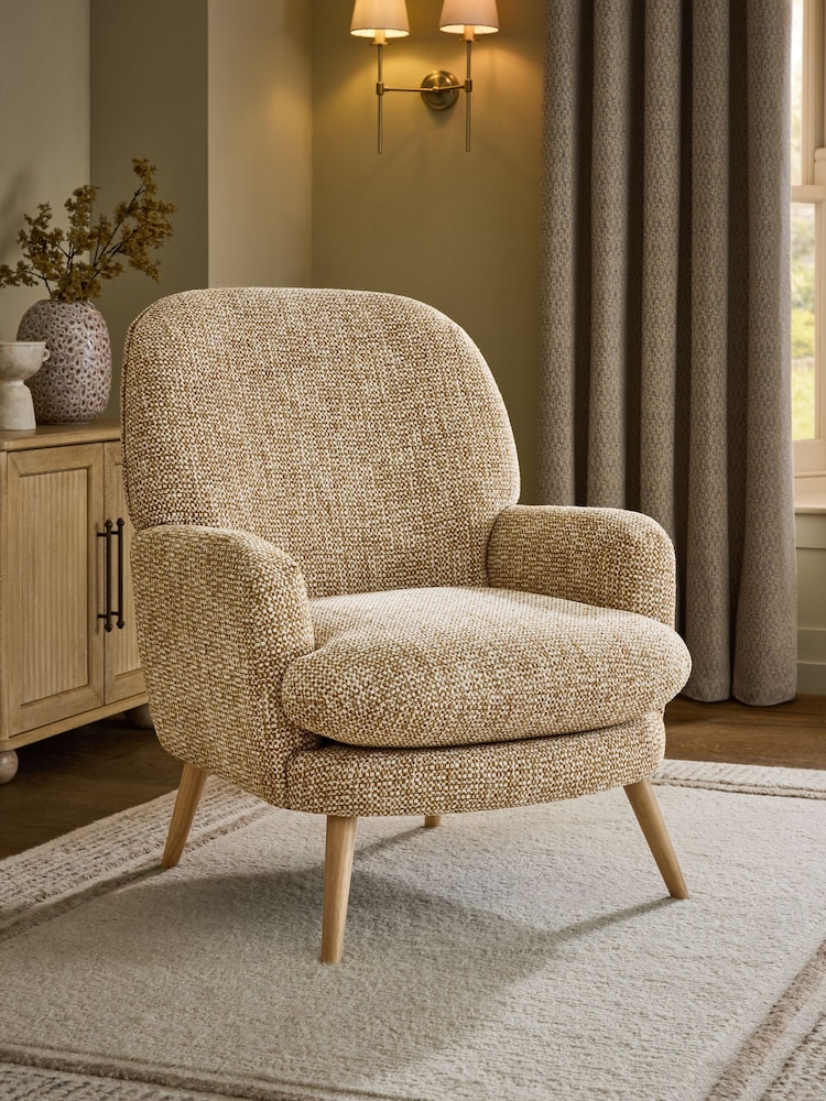 Tweedy Chenille Weave Ochre Yellow Foxton Accent Chair - Image 1 of 9 Tweedy Chenille Weave Ochre Yellow Foxton Accent Chair - Image 1 of 9