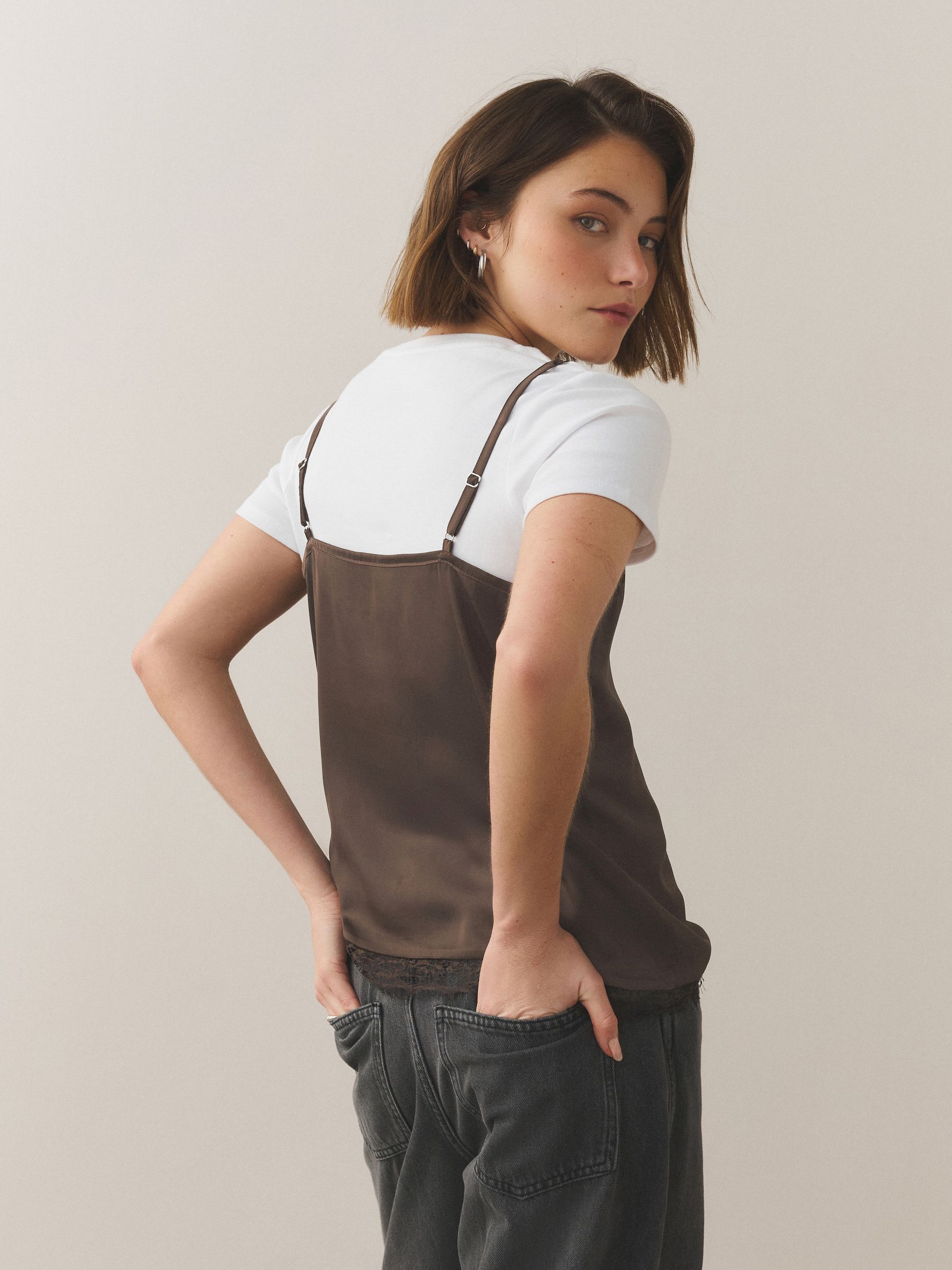 Buy Chocolate Brown Lace Trim Cami Layer Short Sleeve T-Shirt from