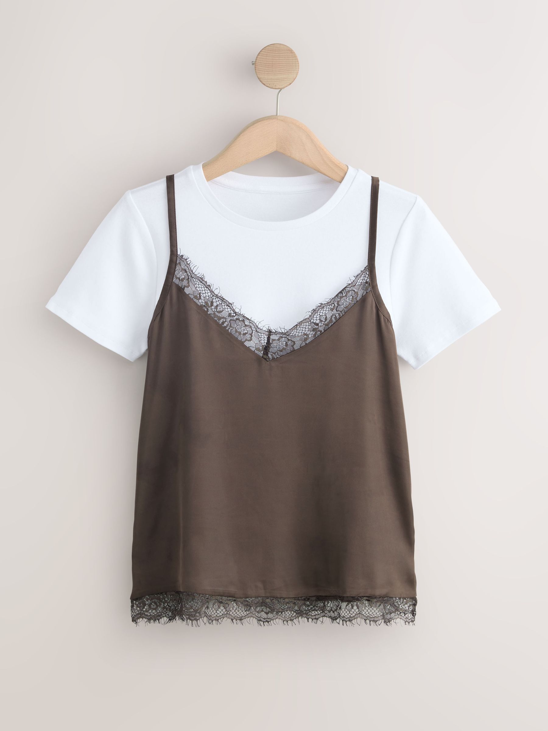 Buy Chocolate Brown Lace Trim Cami Layer Short Sleeve T-Shirt from