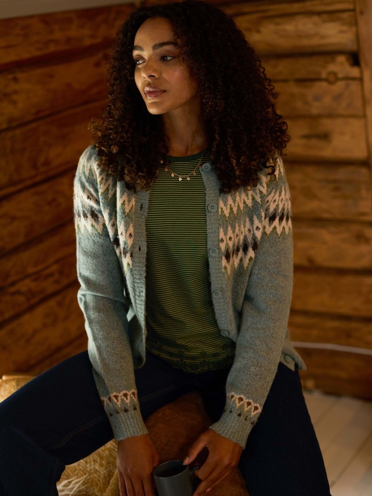 Weird Fish Green Haze Hatty Fairisle Pattern Cardigan - Image 1 of 9 Weird Fish Green Haze Hatty Fairisle Pattern Cardigan - Image 1 of 9