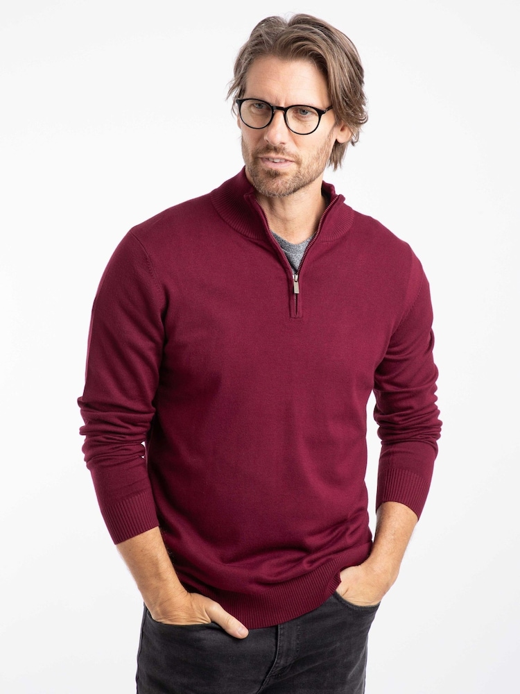 Weird Fish Red Frederick 1/4 Zip Fine Knit Jumper - Image 1 of 7