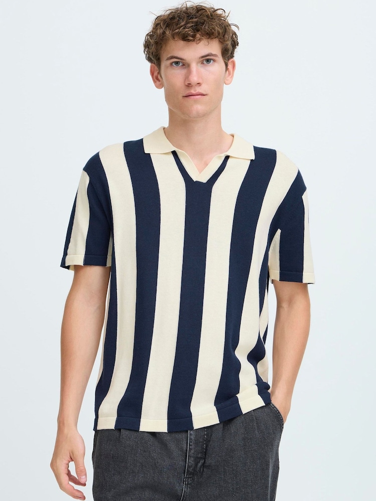 Casual Friday White Cffootball Striped Knitted Football Polo Shirt - Image 1 of 7 Casual Friday White Cffootball Striped Knitted Football Polo Shirt - Image 1 of 7