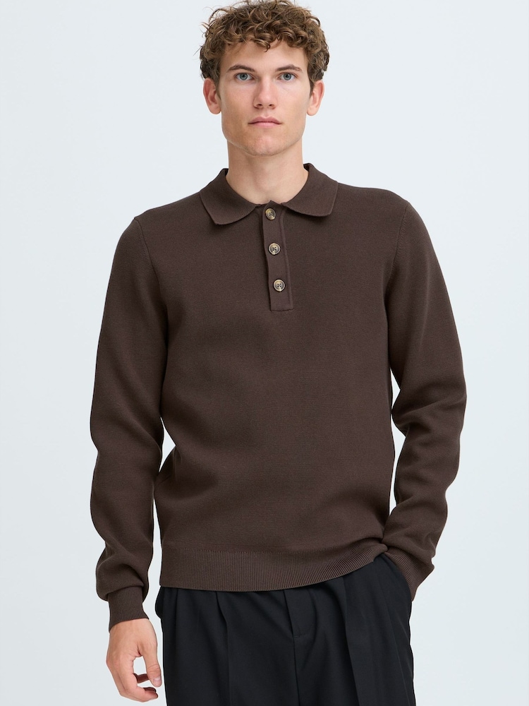 Casual Friday Brown Cfabel Milano Long Sleeve Knitted Polo Shirt - Image 1 of 8 Casual Friday Brown Cfabel Milano Long Sleeve Knitted Polo Shirt - Image 1 of 8