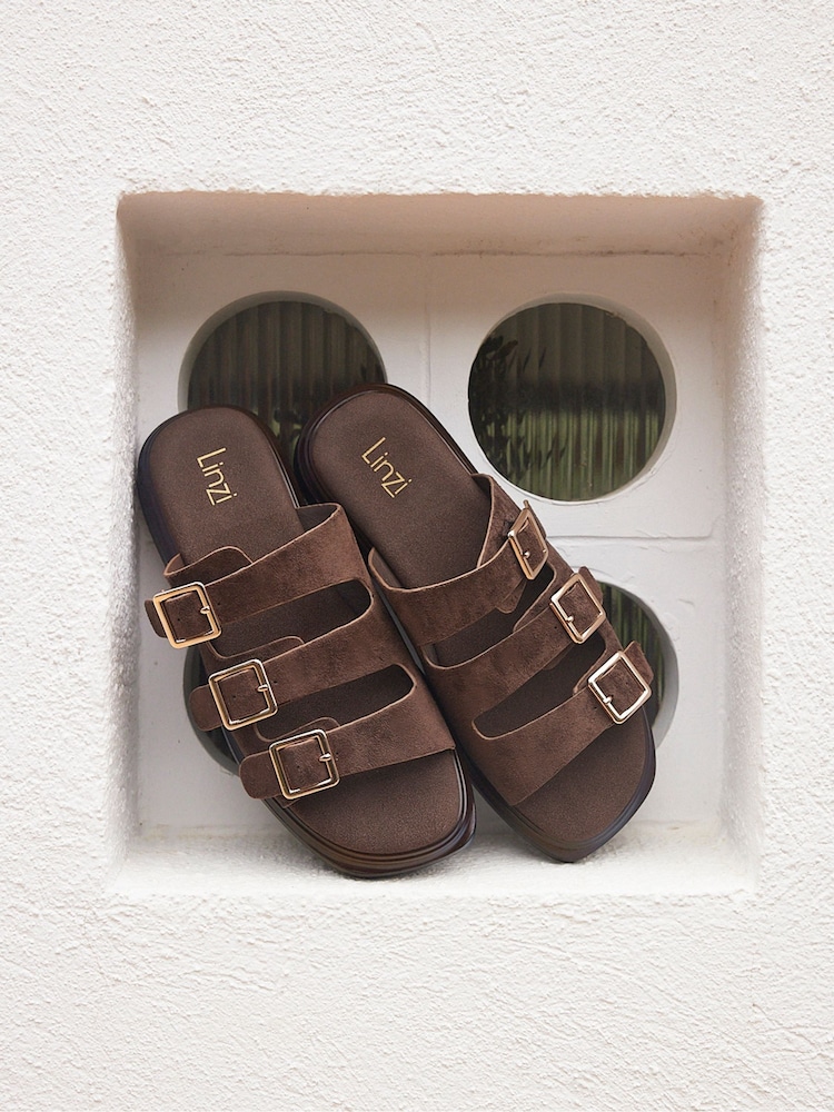 Linzi Brown Satellite Triple Buckle Flat Sandals - Image 6 of 6