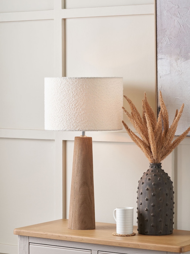 Pacific Natural Esha Conical Wood Table Lamp Base with Rouen 35cm White Boucle Cylinder Lampshade - Image 1 of 6 Pacific Natural Esha Conical Wood Table Lamp Base with Rouen 35cm White Boucle Cylinder Lampshade - Image 1 of 6
