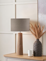 Pacific Natural Esha Conical Wood Table Lamp Base with Edward 35cm Linen Cylinder Lampshade - Image 1 of 6