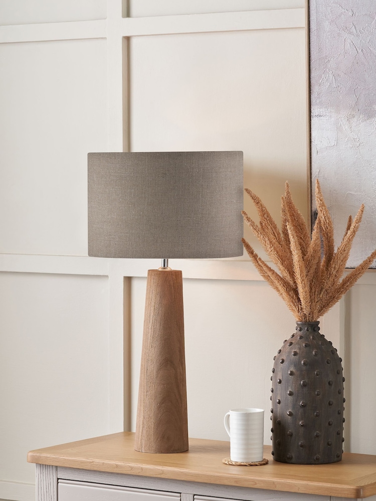 Pacific Natural Esha Conical Wood Table Lamp Base with Edward 35cm Linen Cylinder Lampshade - Image 1 of 6